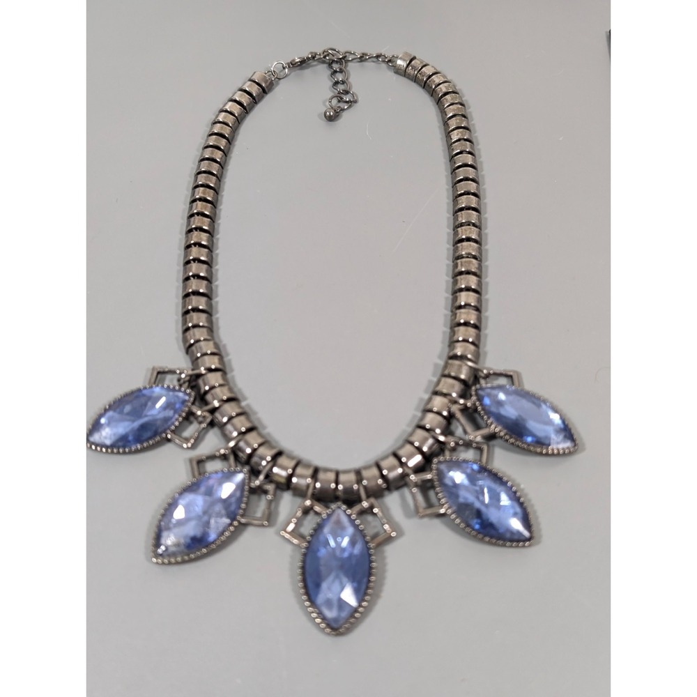 Blue Oval Rhinestone Charm Chain Statement Necklace Whimsigoth Bold‎ 21 in - Picture 2 of 9